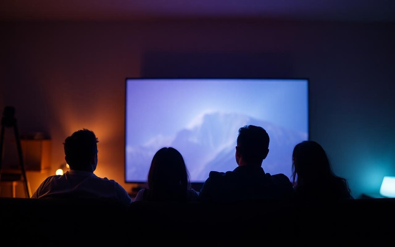Família assistindo a uma TV grande à noite em silhueta